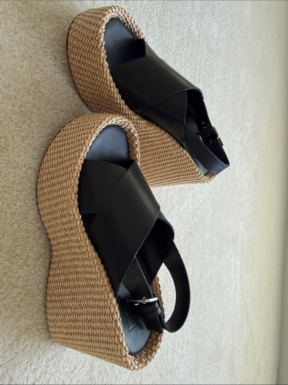 Dolce Vita Black Leather Platform Sandals with Braided Espadrille Sole - Picture 5 of 6
